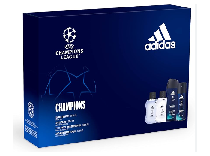 ADIDAS GIFTSET UEFA CHAMPION EDT 100ML + AFTERSHAVE 100ML + DOUCHE 250ML + DEO SPRAY 150ML