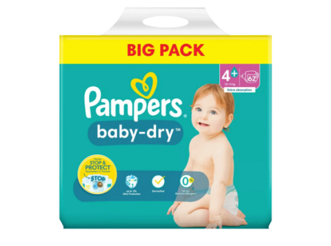 PAMPERS BABY DRY MAXI PLUS MAAT 4+ (10-15KG) BIG PACK 62PCS